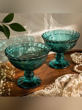 Vintage Emerald Green Glass Pedestal Dessert Bowls Set of 2
